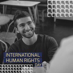 Poster - Composition of international human rights day text over biracial man
