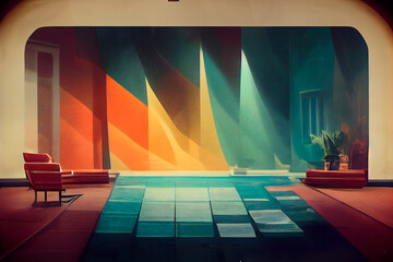 Poster - Beautiful abstract illustrations interior of a room with curtains
