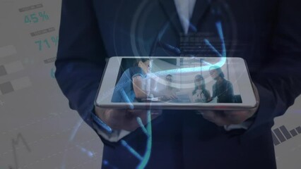 Poster - Animation of dna strand and network of connections over businessman using tablet in office