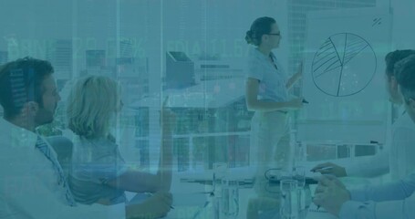Poster - Animation of financial data processing and statistics over business people