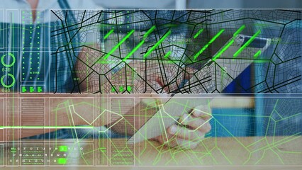 Poster - Animation of financial data processing over business people