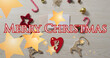 Merry christmas text banner and star icons against christmas decorative items on wooden surface