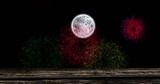 Fototapeta  - Image of full moon with colourful christmas and new year fireworks exploding in night sky
