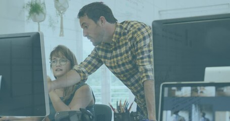 Poster - Animation of statistical data processing over caucasian male and female colleagues discussing