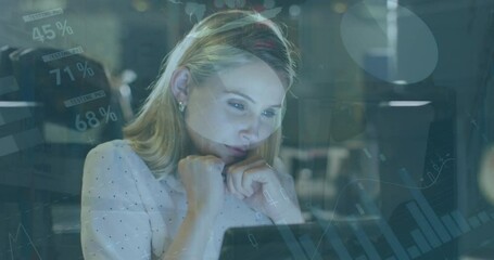 Poster - Animation of statistical data processing over thoughtful caucasian woman looking at computer screen