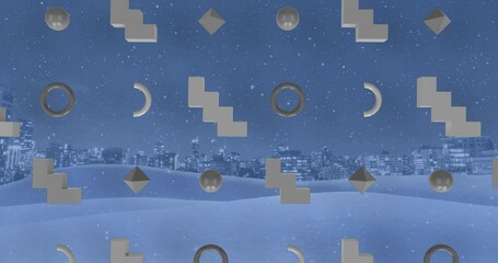 Poster - Animation of rows of abstract shapes pattern and christmas snow falling over winter scenery