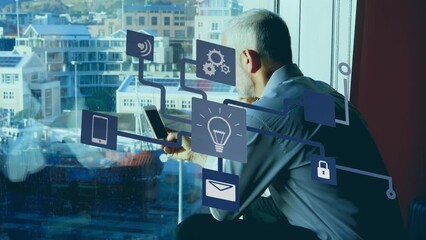 Poster - Animation of network of connections with icons over businessman using smartphone