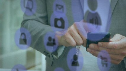 Poster - Animation of network of connections with icons over businessman using smartphone