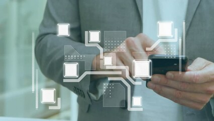 Poster - Animation of network of connections with icons over businessman using smartphone