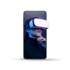 Woman in a smartphone experiencing immersive virtual reality