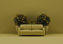 Couch In All Yellow Color With Yellow Flowers And Analoge Color Theme. 3d Visualization For Creative Purposes