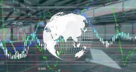 Poster - Animation of financial data processing over spinning globe against empty warehouse