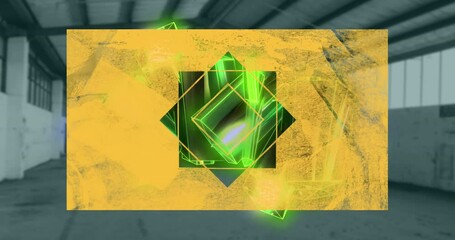 Poster - Animation of abstract star shape over green crystal shapes and copy space against empty warehouse