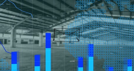Poster - Animation of message icon and statistical data processing over world map against empty warehouse