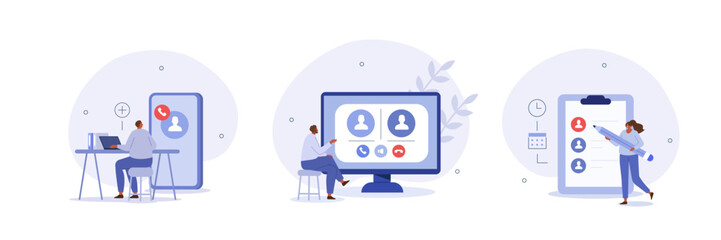 Poster - meeting planning illustration set. manager inviting employees to team meeting and one on one intervi