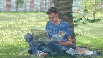 Poster - Animation of data processing over caucasian male student using laptop