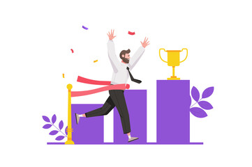 Aufkleber - Business success concept in flat design. Businessman running race and breaking red ribbon at finish line, winning and getting golden cup. Illustration with isolated people scene for web banner