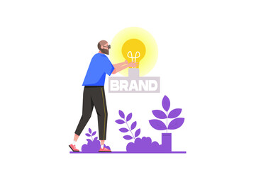 Wall Mural - Branding for business concept in flat design. Man designer creates logos and identities for brands, promotion and digital marketing. Illustration with isolated people scene for web banner