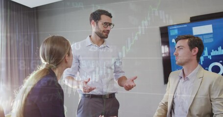 Poster - Animation of financial data processing over diverse business people at office
