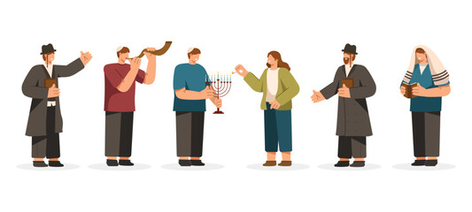 Jewish Character Set with Various Pose Vector Illustration. Jewish People Holding Candelabrum and Playing Shofar