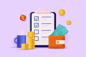 Poster - Budget planning concept 3D illustration. Financial analysis and accounting, writing checklist with costs and income, saving money and calculating. Illustration for modern web banner design