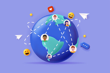 Poster - Global social network concept 3D illustration. Personal profiles of people connected with each other around the world, posts, comments and likes. Illustration for modern web banner design