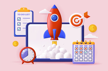 Poster - Startup launch concept 3D illustration. Starting new business, planning work tasks, deadline and time management, targeting and achieving success. Illustration for modern web banner design