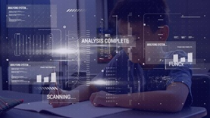 Poster - Animation of data processing over asian schoolboy in classroom