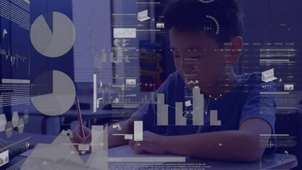 Poster - Animation of data processing over asian schoolboy in classroom