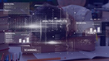 Poster - Animation of data processing over caucasian schoolboy in classroom