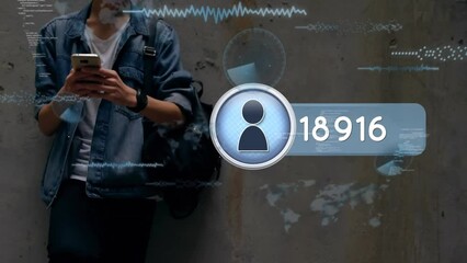 Poster - Animation of icons with growing numbers and data processing over biracial man using smartphone