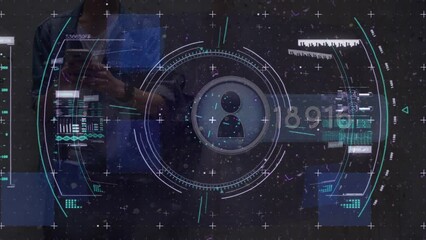 Poster - Animation of icons with growing numbers and scope scanning over biracial man using smartphone