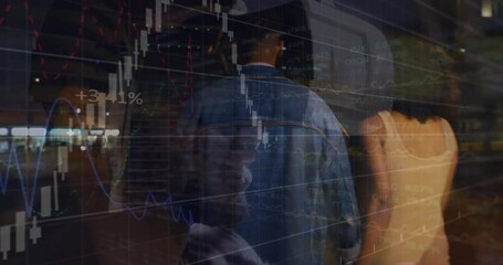 Poster - Animation of financial data processing over african american couple walking on street