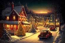 Illustration Of Christmas Village. Cute European Houses. Happy New Year. Winter Landscape. Generative AI