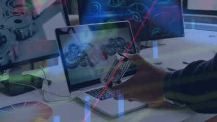 Poster - Animation of financial data processing over caucasian businessman using laptop in office