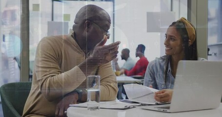 Poster - Animation of financial data processing over diverse business people at office