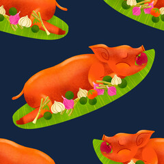 Filipino lechon roasted pig with vegetables on banana leaf on dark blue background illustrated pattern