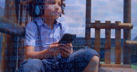 Poster - Animation of data processing over biracial boy using smartphone