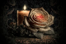 Beautiful Embroidered Flowers. Element Of Design. Beautiful Roses With A Burning Candle On The Dark Background.