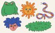 A set of bright hand-drawn stickers. Modern funky portrait. Fancy head, meadow with grass, snake, sun and frog. Hippies of the 60s and 70s. Weird loose style.