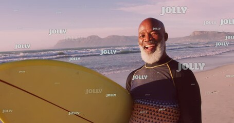 Poster - Animation of christmas greetings text over senior african american man with surfboard on beach