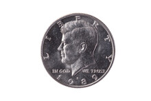 USA Half Dollar Nickel Coin (50 Cents) Dated 1989 With A Portrait Image Of President John Kennedy, Png Stock Photo File Cut Out And Isolated On A Transparent Background