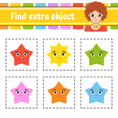 Canvas Print - Find extra object. Educational activity worksheet for kids and toddlers. Game for children. Cute characters. Simple flat color isolated vector illustration in cartoon style.