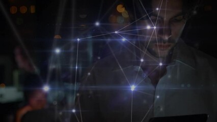 Poster - Animation of purple light trails and network of connections over caucasian man using digital tablet