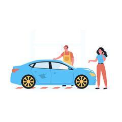 Poster - female driver and broken car at auto service. woman talking to mechanic, worker examining damaged ve