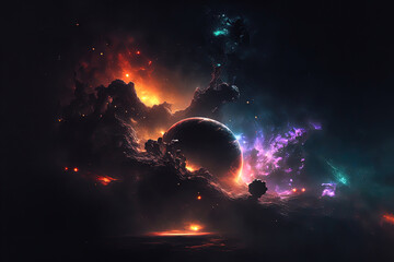 Wall Mural - fantasy dark planet in space. cosmic celestial planet in space exploding. science fiction, futuristi
