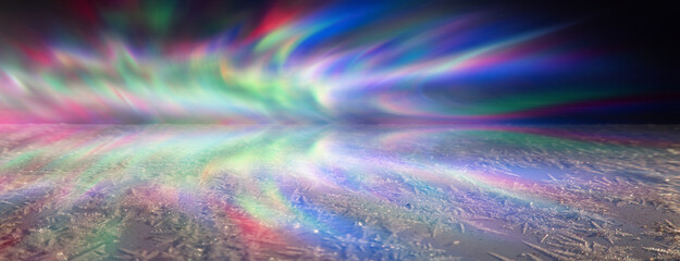 Wall Mural - snowy winter background, neon blurred glow reflected on the snowy surface