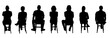 back view of a  silhouette of a group women and men sitting on chair on white background