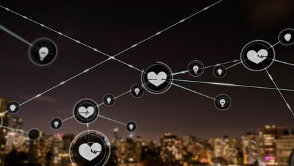 Poster - Animation of network of digital icons against aerial view of cityscape at night