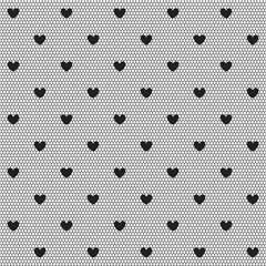 Mesh in black hearts seamless vector pattern. Fabric ornament for sexy transparent lingerie and stockings. 